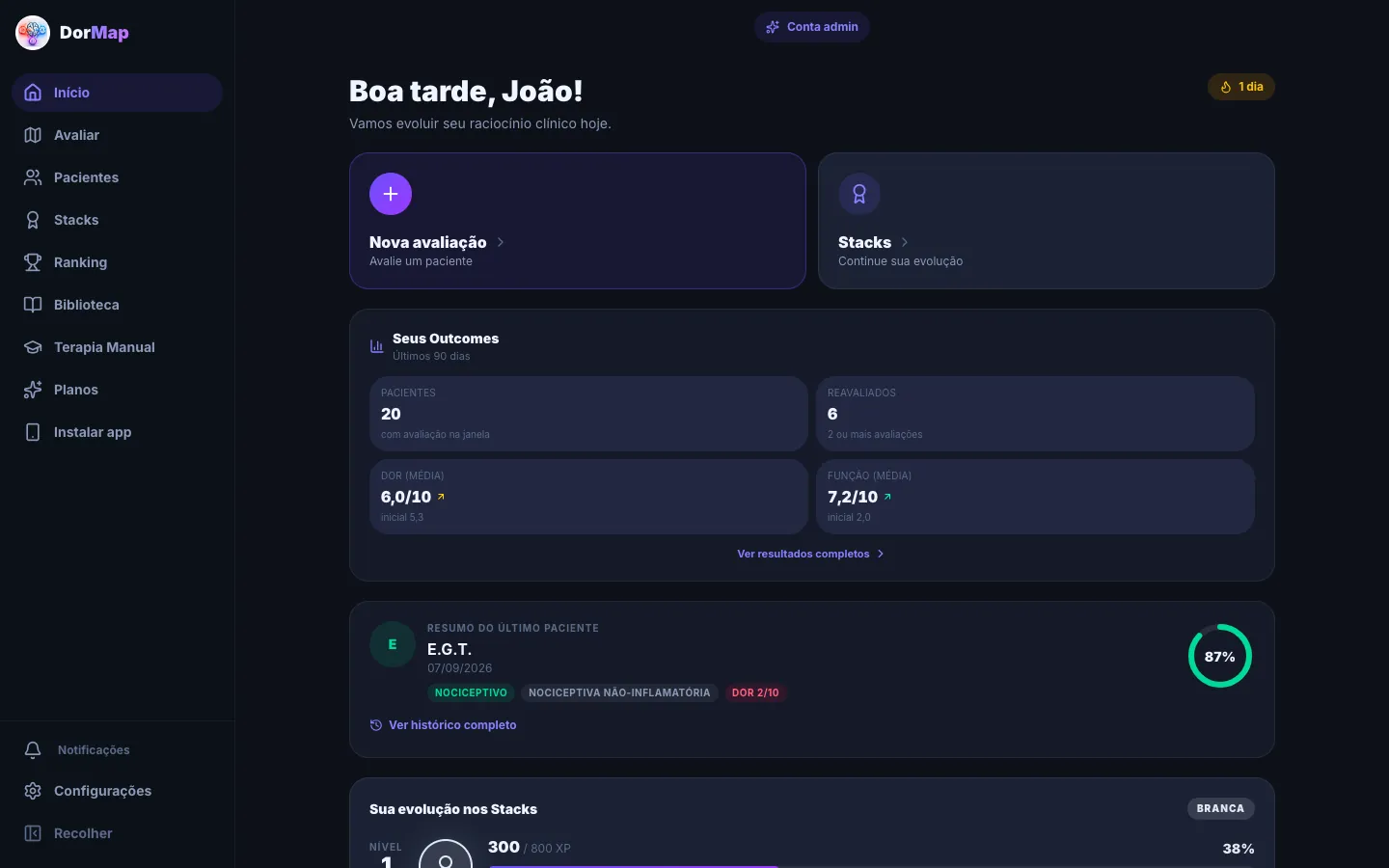 Painel do DorMap no computador com Seus Outcomes
